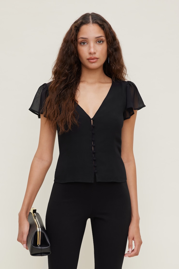 Flutter Sleeve Blouse - Dynamite - Black - Women Clothing