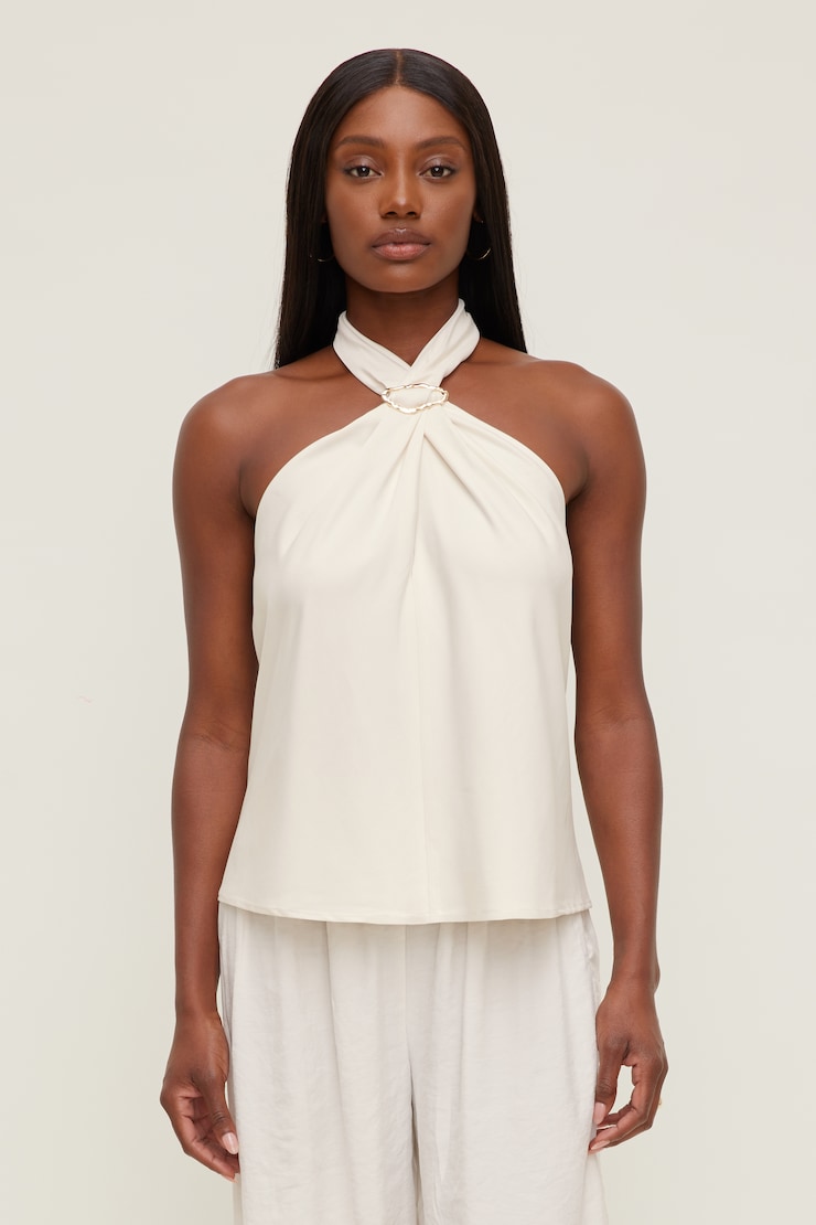 Buckle Halter Top - Dynamite - Beige - Women Clothing