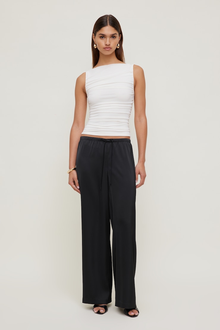 Leo Satin Wide Leg Pants - Dynamite - Black - Women Clothing