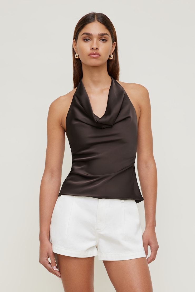 Off Shoulder Satin Tank Top Brown | Dynamite