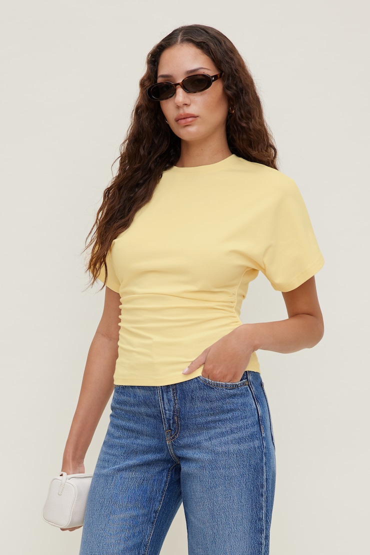 Andrea Shirred Cotton Spandex T Shirt - Dynamite - Yellow - Women Clothing