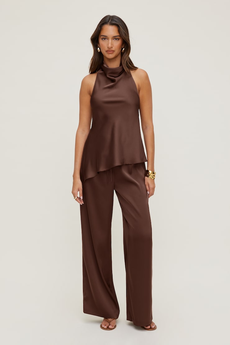 Cassie Asymmetric Lace Satin Cami Brown | Dynamite