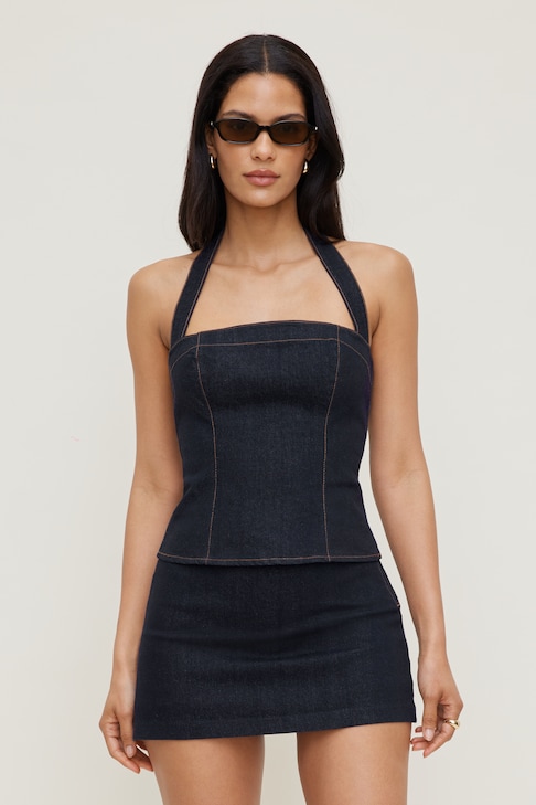denim dress dynamite Flared Denim Maxi Dress Blue