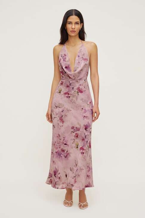 Floral Ruffle V Neck Maxi Dress Pink | Dynamite