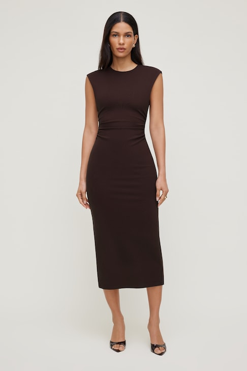 Iris Ponte Maxi Dress Brown | Dynamite Iris Ponte Maxi Dress Brown | Dynamite