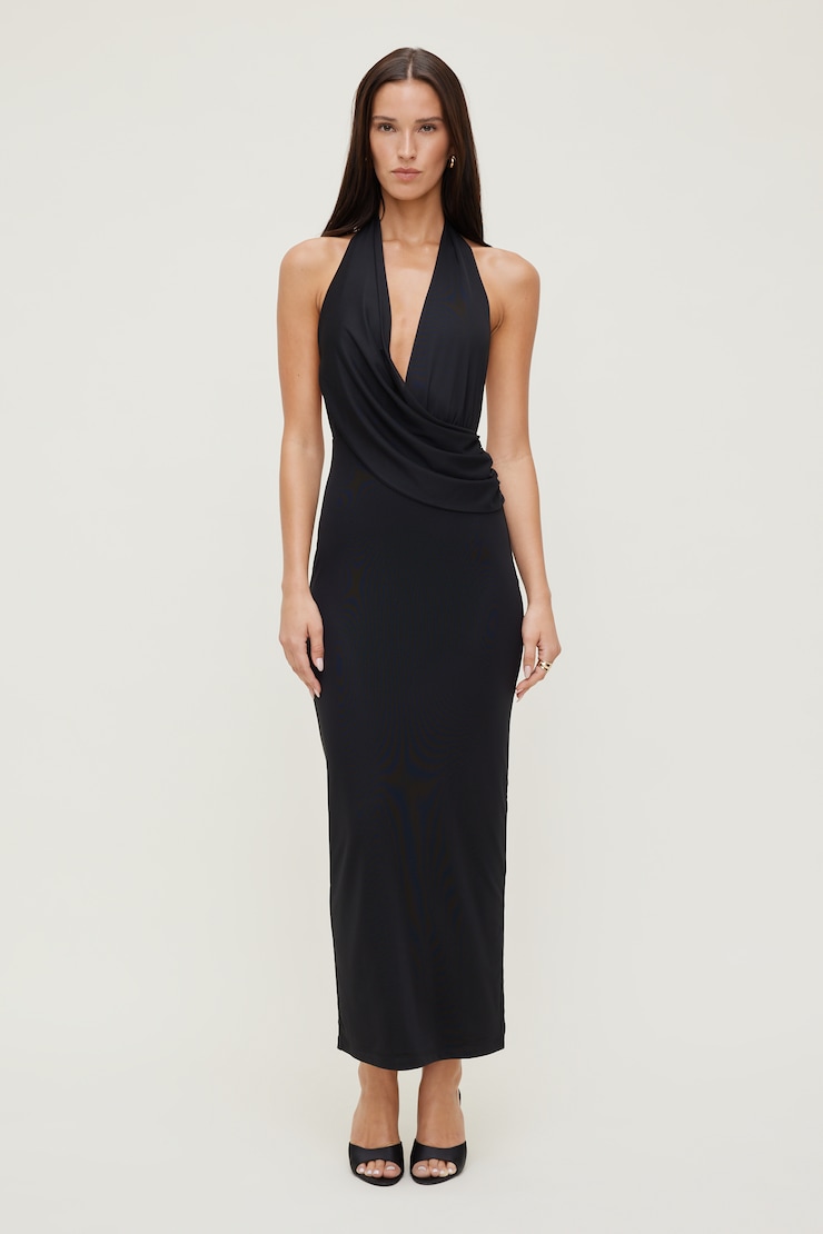 Plunge Mesh Maxi Dress - Dynamite - Black - Women Clothing