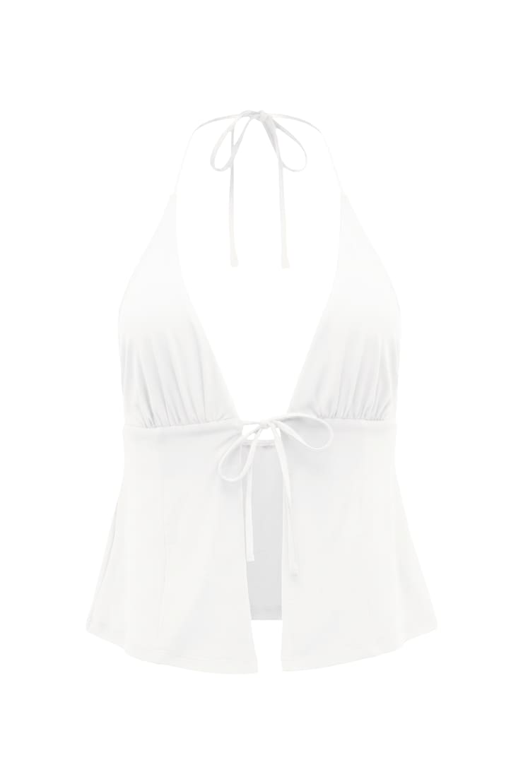 Plunge Tie Front Halter, Bright White, large