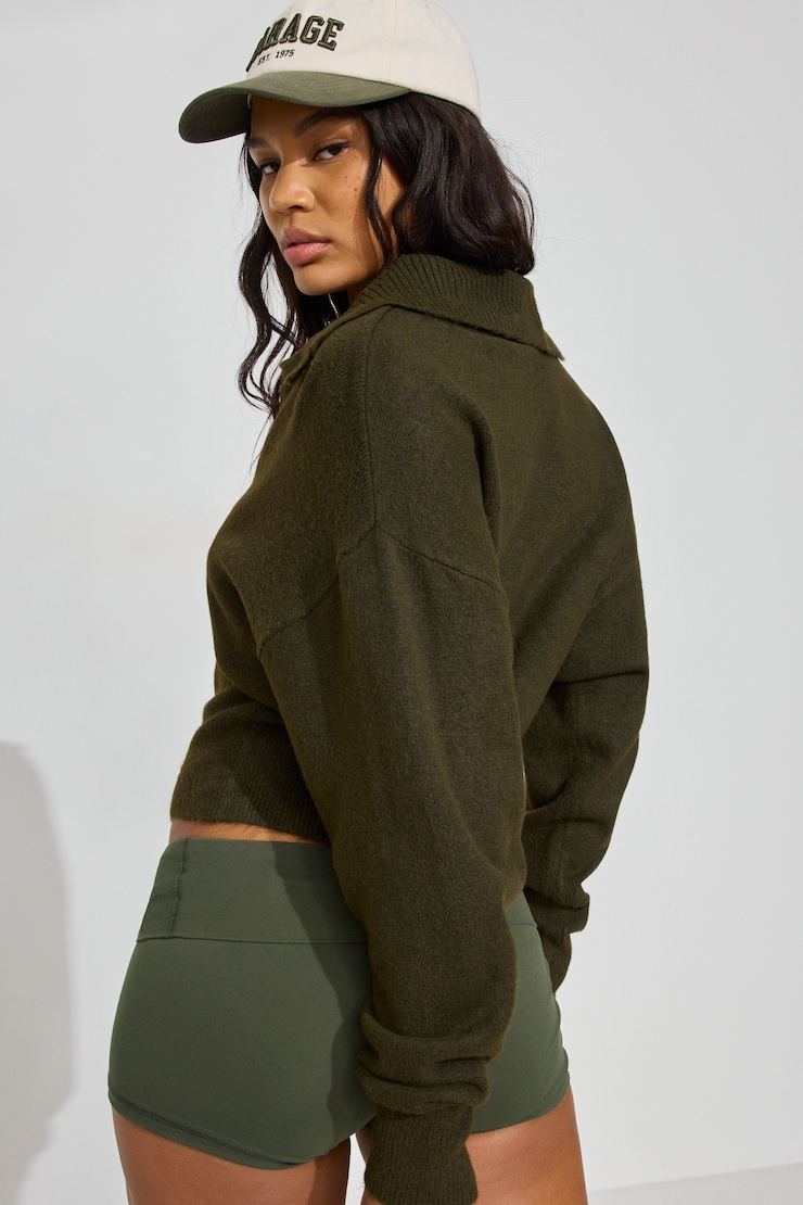Long Sleeve Spongy Henley Sweater, Mossy Green, large