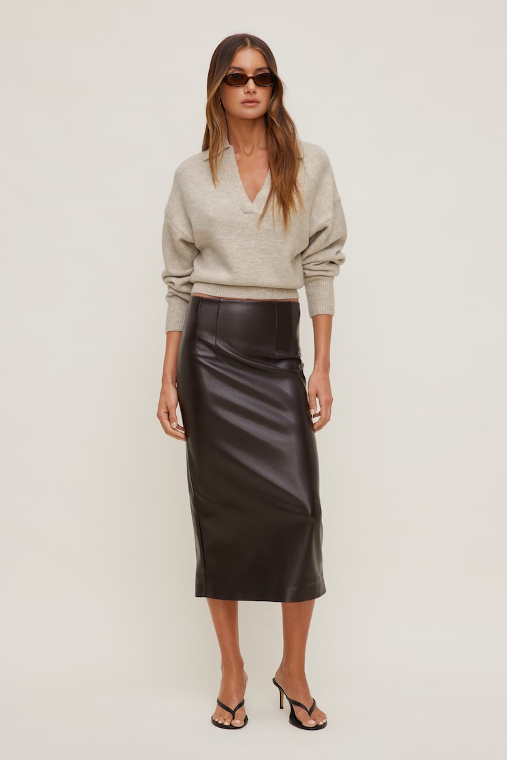 Shiloh Faux Leather Midi Skirt French Mole Brown large