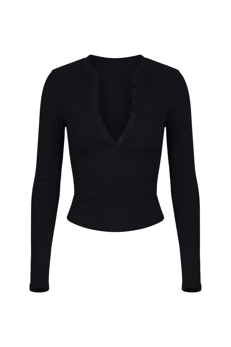 SnatchRib Crewneck Henley Long Sleeve Top, Jet Black, large