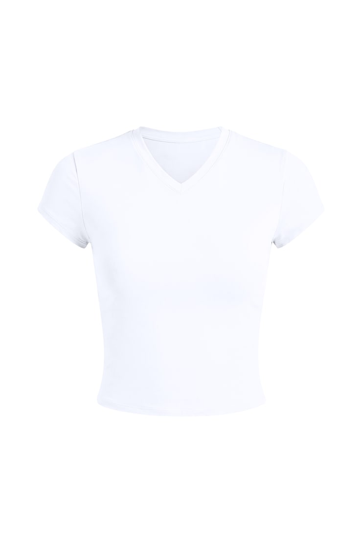 Sleek High V-Neck Short Sleeve Top, Bright White, large