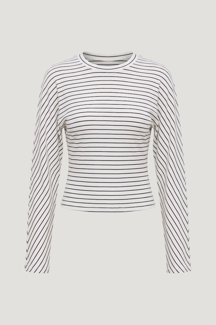 Andrea Striped Long Sleeve T Shirt Sea Salt Cream w/ Java Brown Stripe large