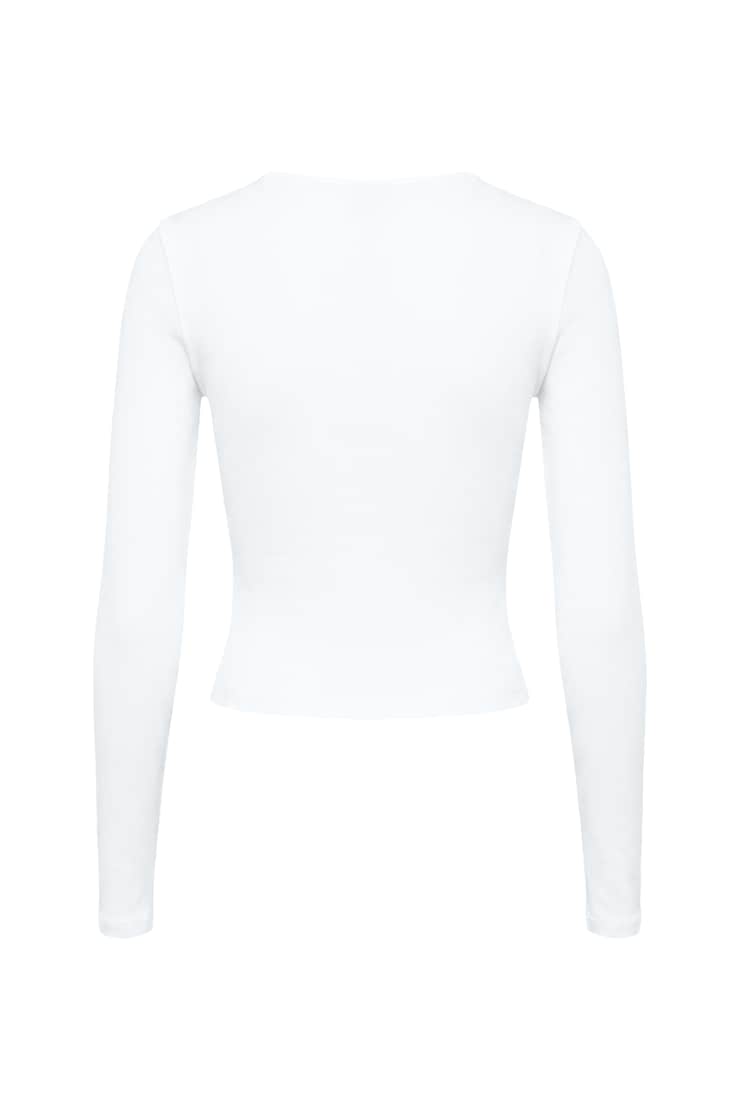 Sleek Plunge Longsleeve Top, Bright White, large