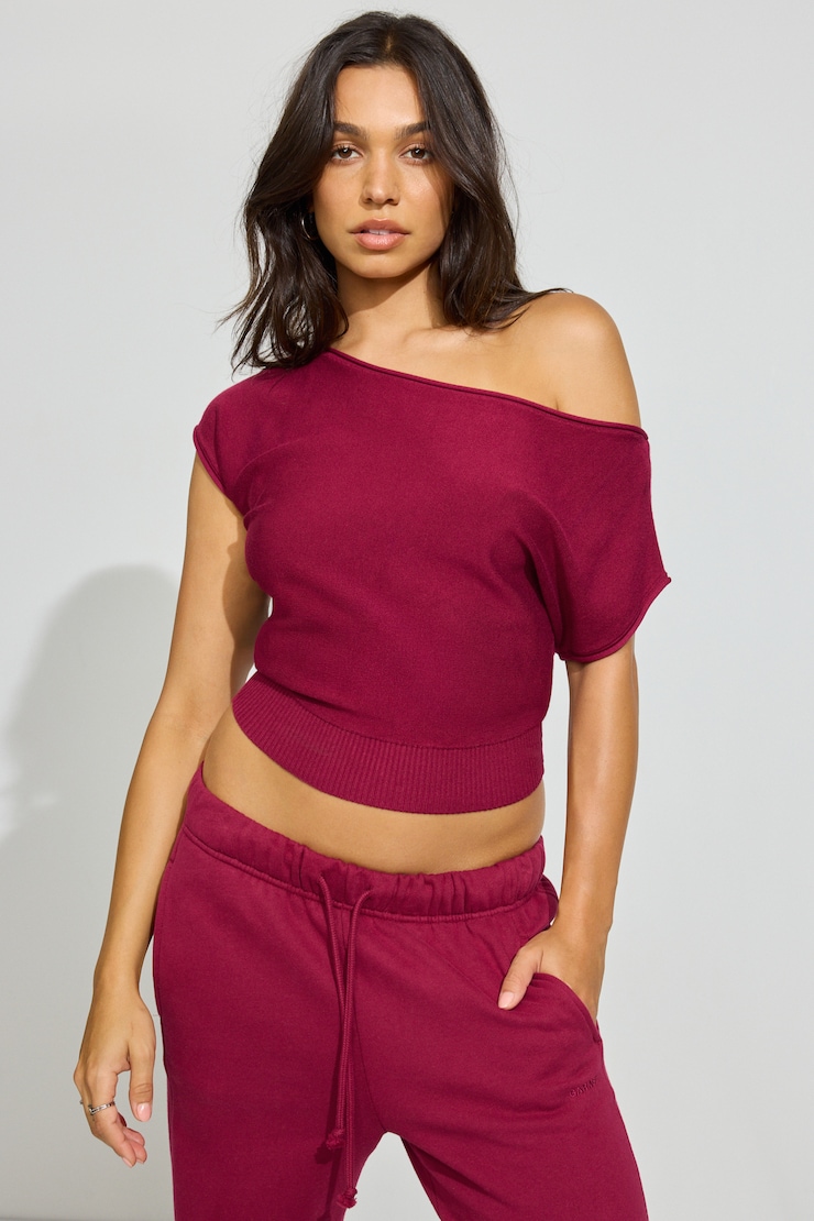 Romi Asymmetric Cinched Waist Sweater Burgundy | Garage