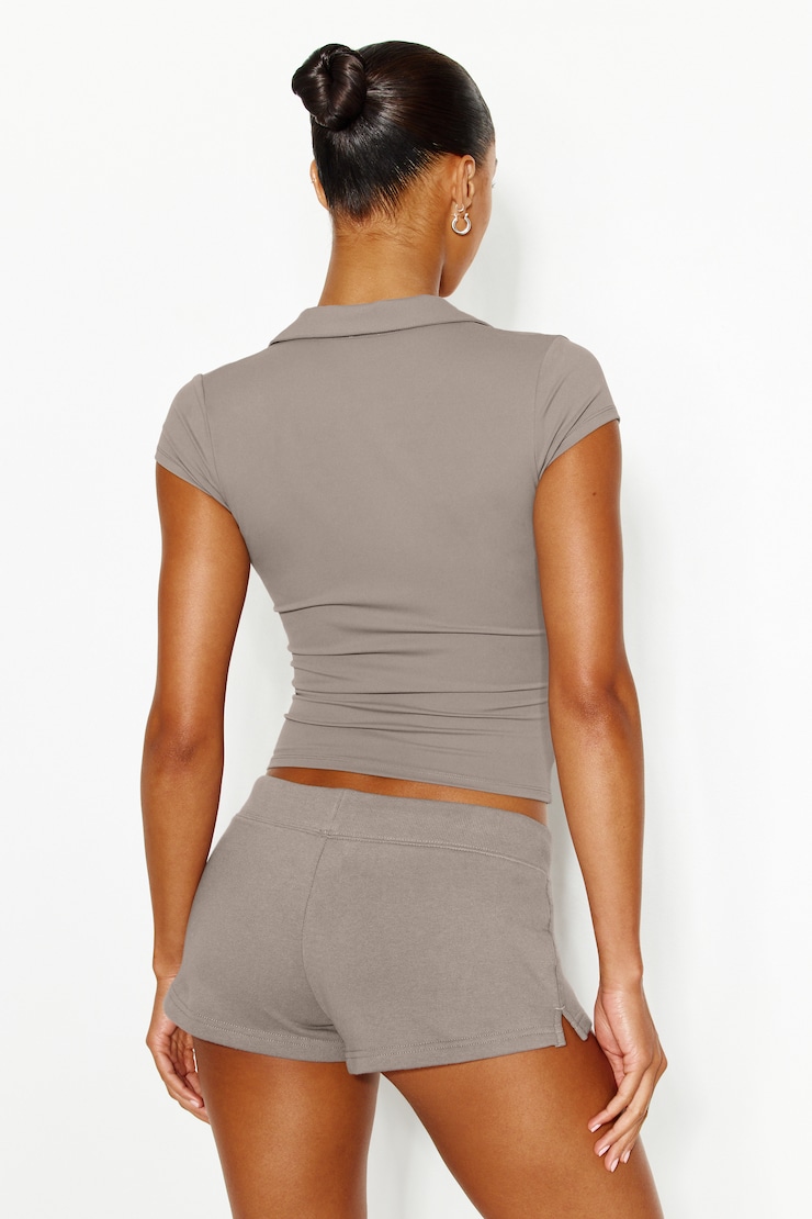 Sleek Short Sleeve Polo Top, Satellite Beige, large
