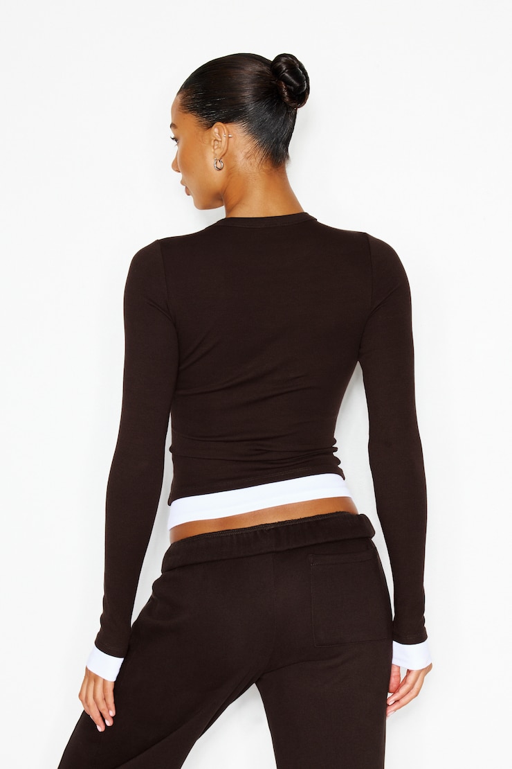 SnatchRib Double Layer Longsleeve Top, Chocolate Mousse Brown/Bright White, large