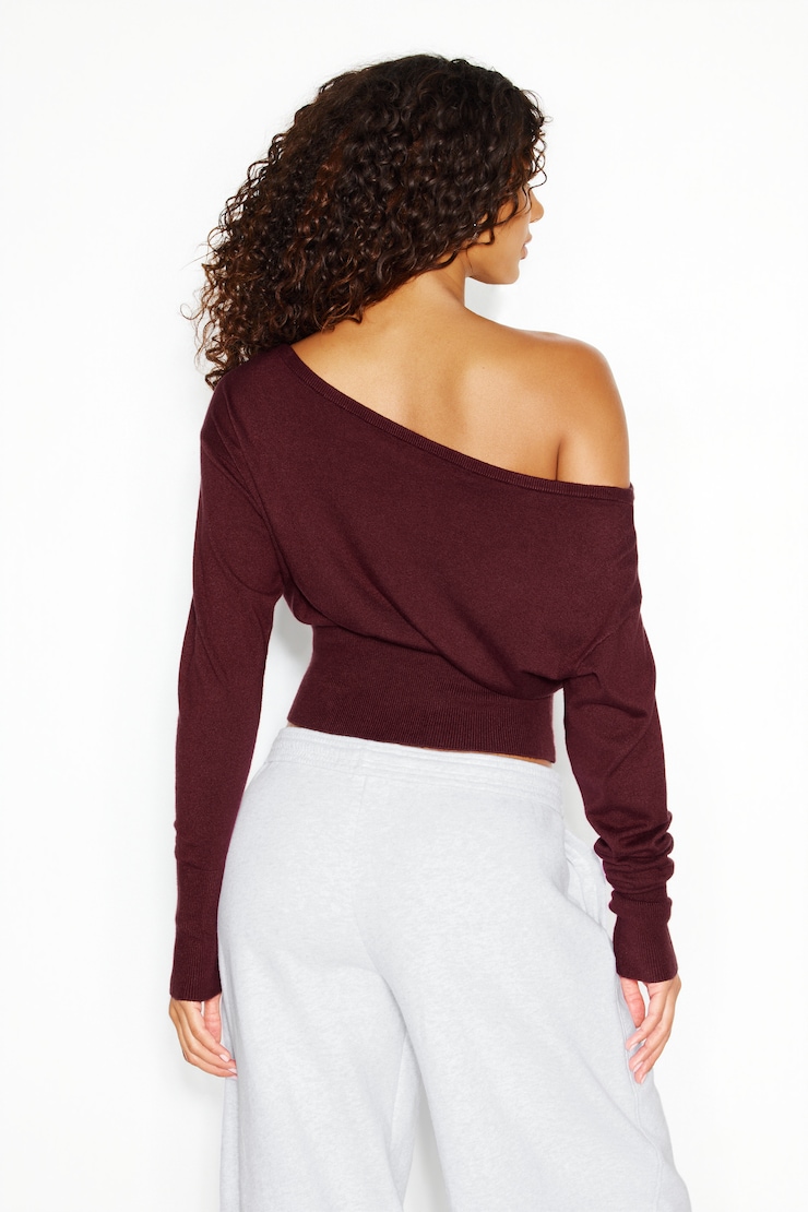 Off Shoulder Reset Long Sleeve Top, Burgundy Bite, large