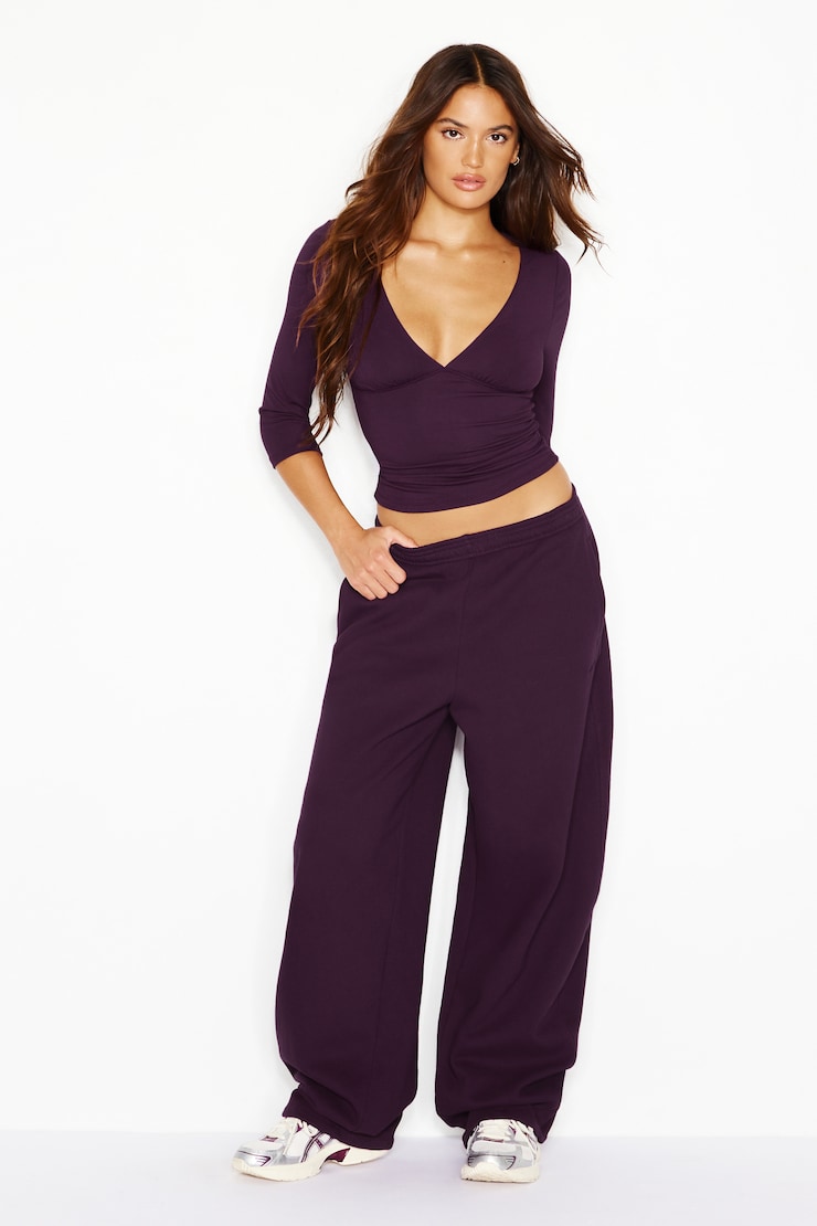 Plunge 3/4 Sleeve Top, Wild Berry Maroon, large