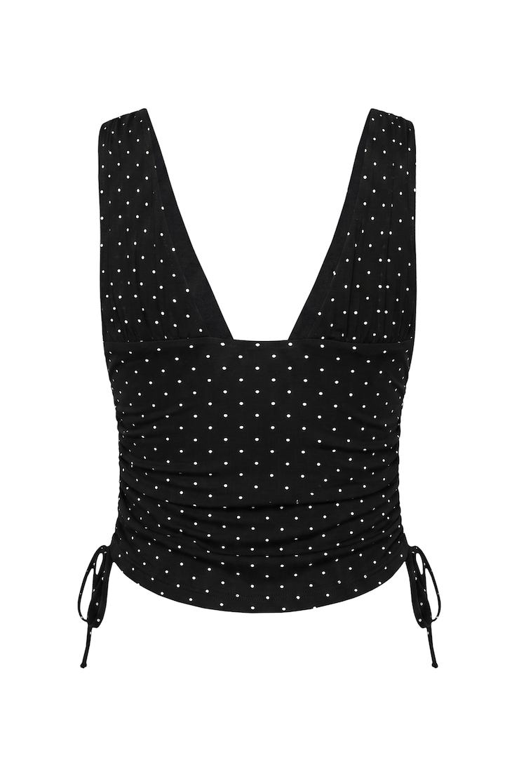 Plunge Ruched Tie Mesh Top, Black/White Dots, large