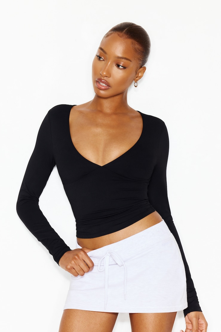 Sleek Plunge Longsleeve Top, Jet Black, large