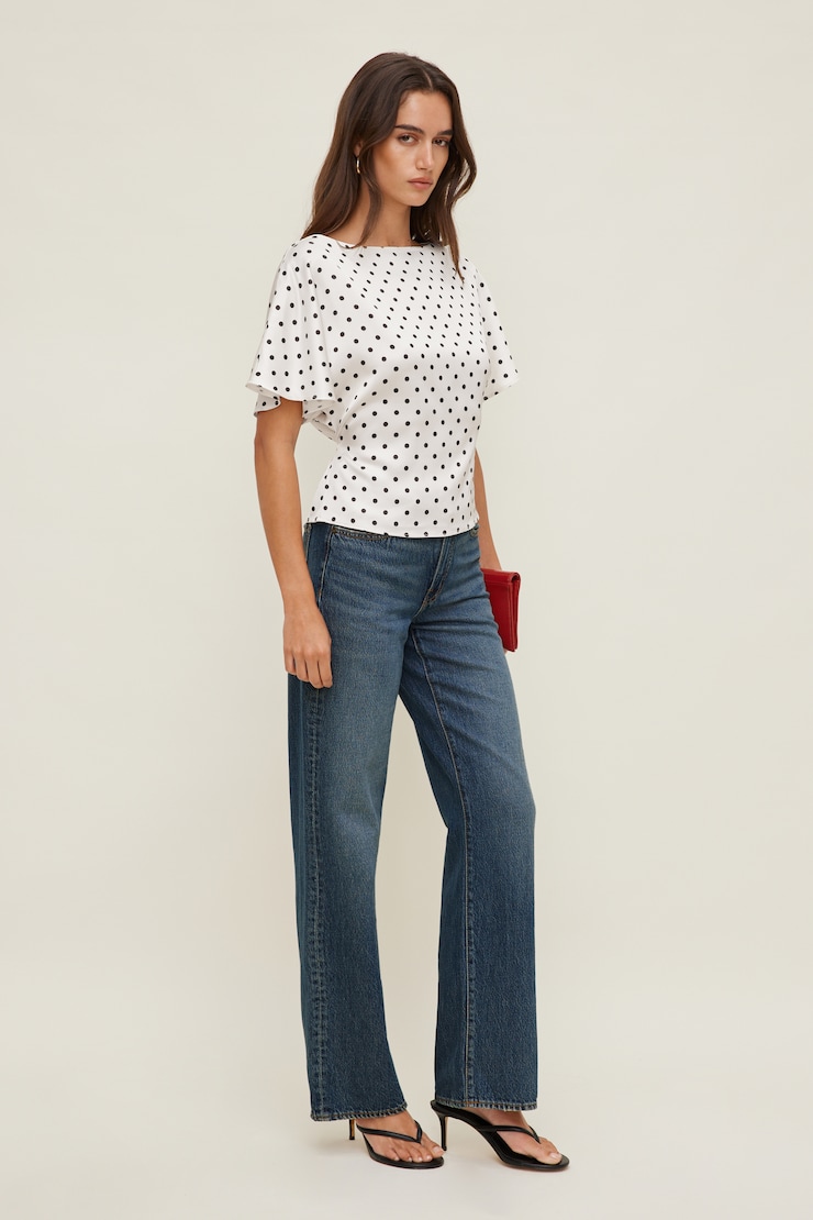Farra Satin Blouse White w/ Black Polka Dots large