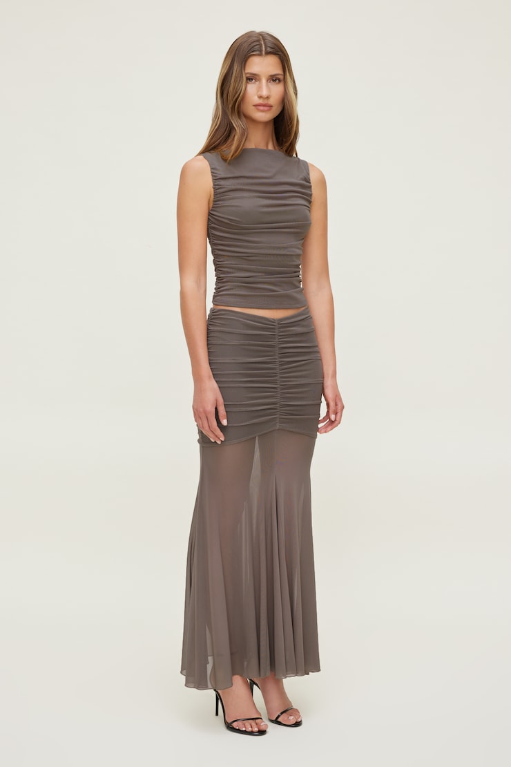 Ruched Mesh Maxi Skirt Iron Taupe large