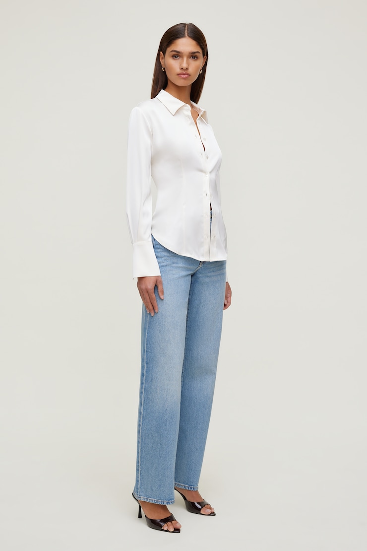 Eva Cinched Satin Shirt Sea Salt Cream large