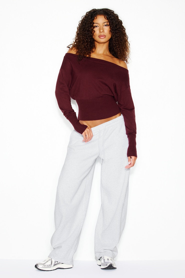Off Shoulder Reset Long Sleeve Top, Burgundy Bite, large
