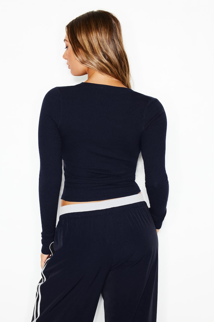 SnatchRib Crewneck Henley Long Sleeve Top, Naughty Navy Blue, large