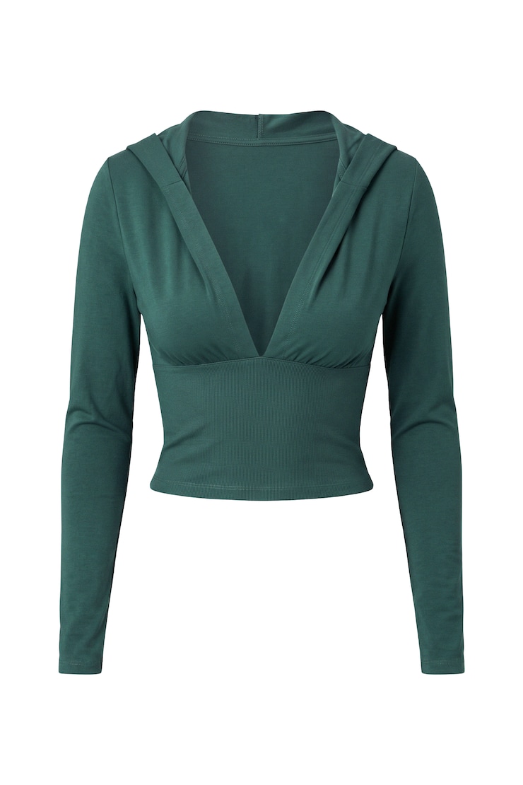 Plunge Hooded Long Sleeve Top, Teal Temptation, large