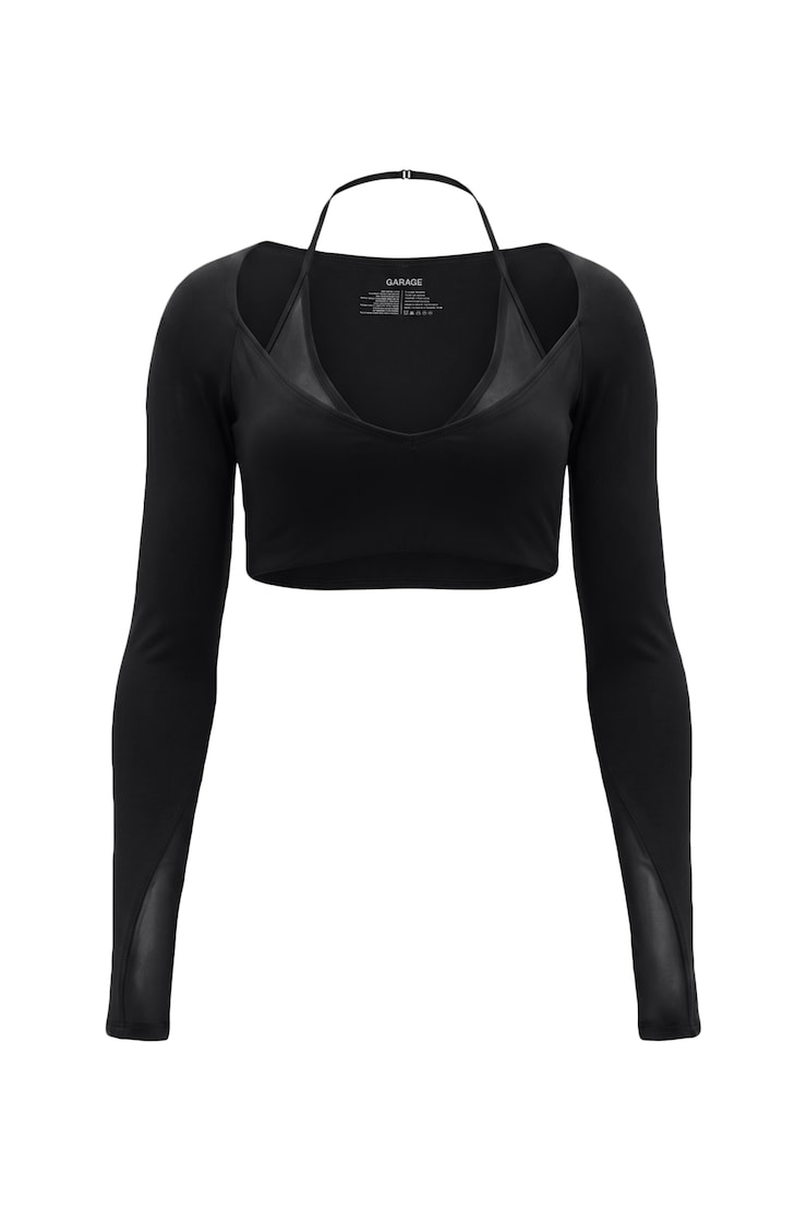 Active Layered Mesh Long Sleeve Top, Jet Black, large