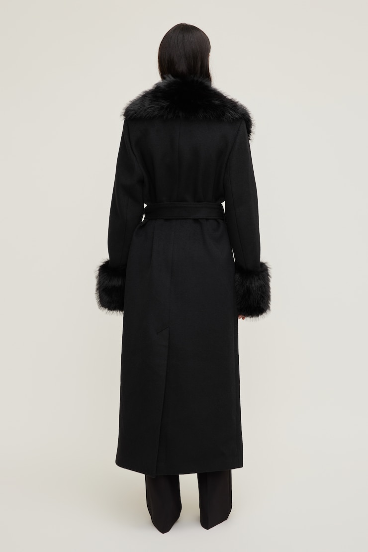 Faux Fur Trim Wool Coat Jet Black large