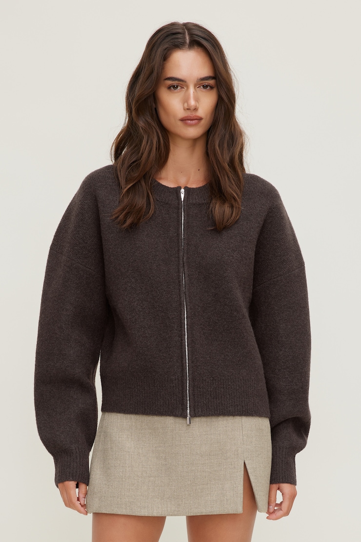 Boxy Zip Cardigan Java Brown large