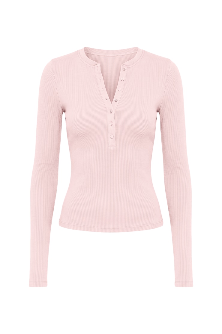SnatchRib Crewneck Henley Long Sleeve Top, Pink, large