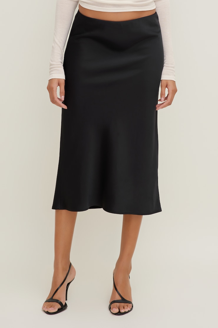 Jupe midi en satin Delila Noir encre large
