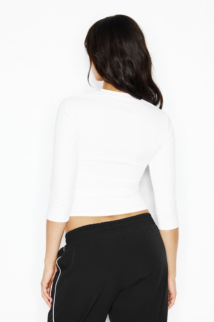 Sleek High V-Neck 3/4 Sleeve Top, Bright White, large