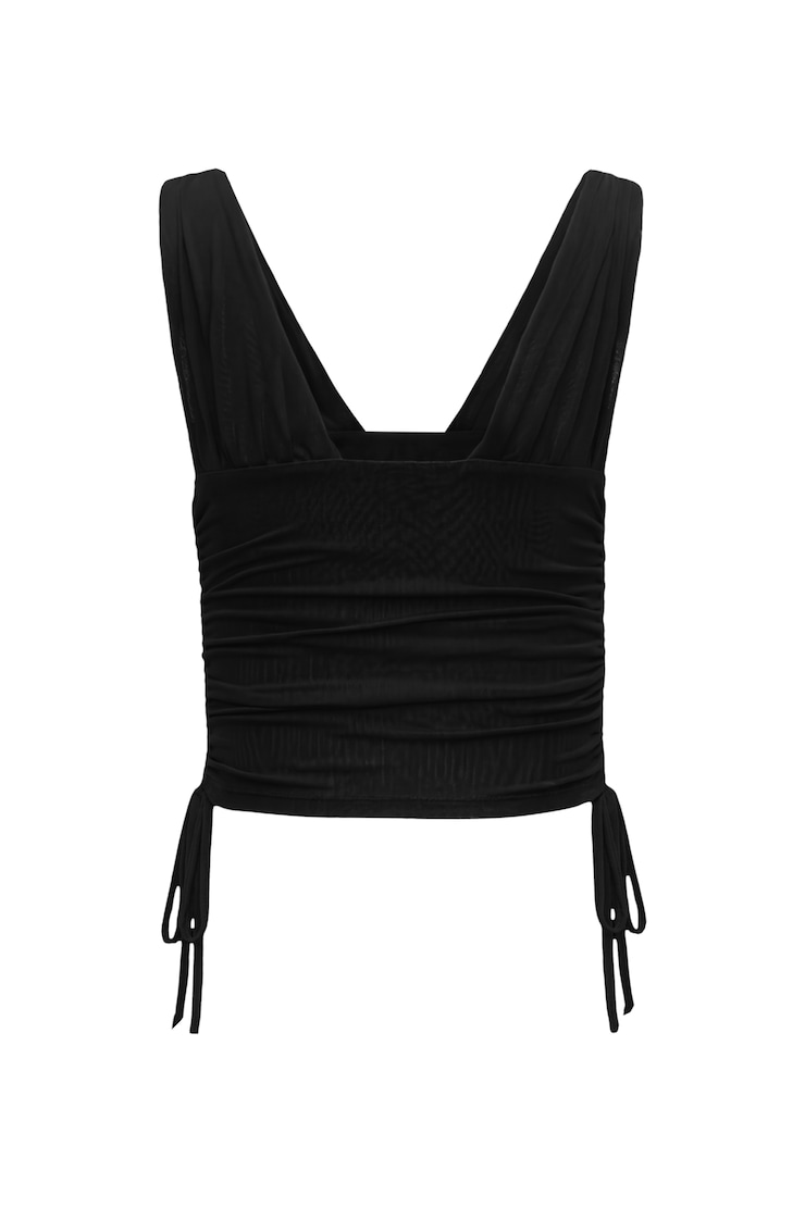 Plunge Ruched Tie Mesh Top, Jet Black, large
