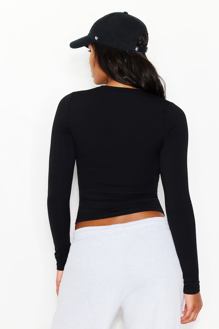 Sleek Crewneck Longsleeve Top, Jet Black, large