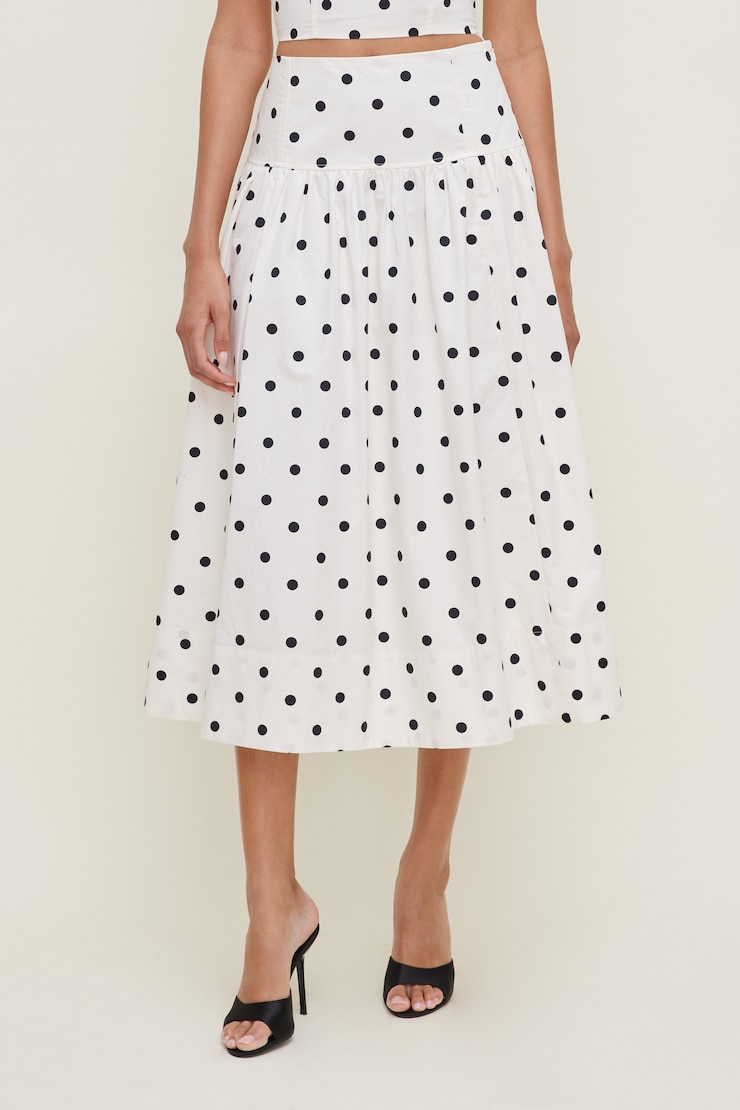 Drop Waist Poplin Midi Skirt White w/ Black Polka Dots large