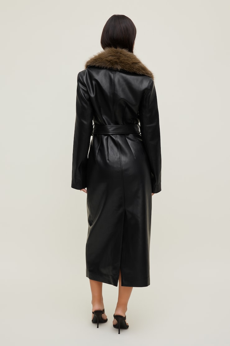 Manteau ceinturé en faux cuir Ciana Noir encre large