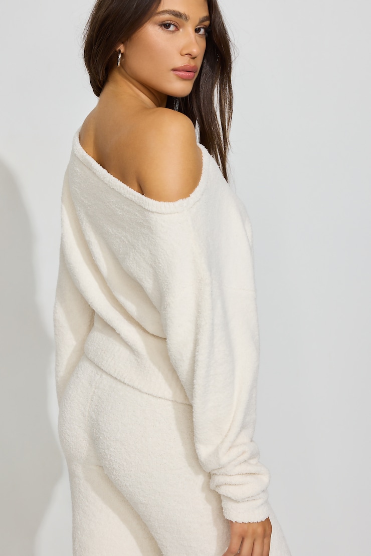 Plush Off Shoulder Sweater, Tofu White, large
