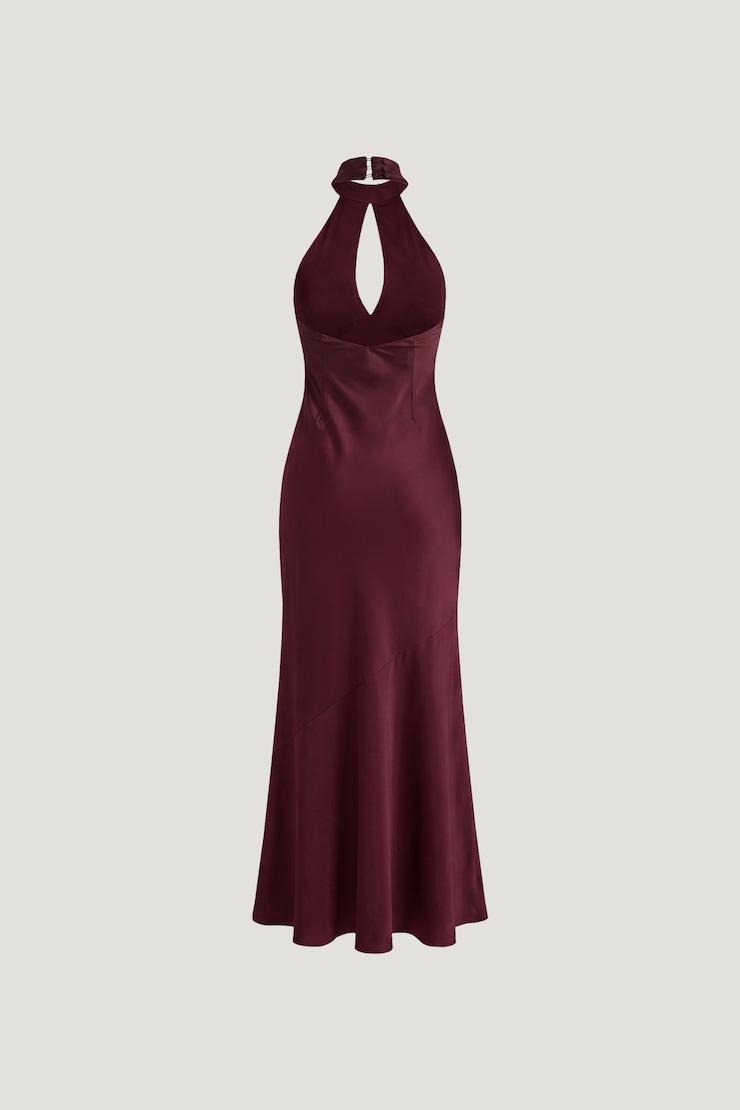 Keyhole Satin Maxi Slip Dress Maroon Banner large