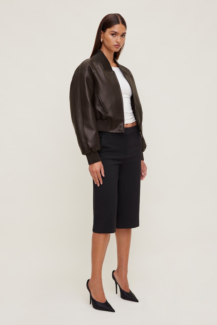 Ribbed Faux Leather Bomber Jacket French Mole Brown large