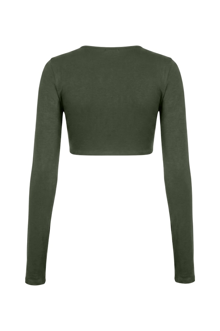 Sleek Tie Front Micro Long Sleeve Top, Olive Obsession, large