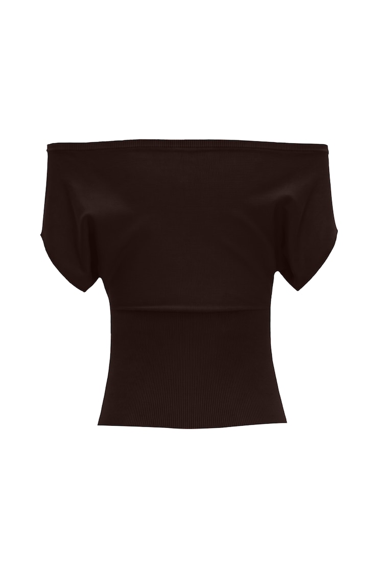 Off Shoulder Short Sleeve Cinch Waist Top, Chocolate Mousse Brown, large