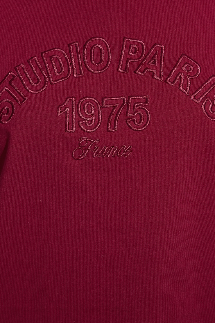 Off Shoulder T Shirt, Sour Cherry Burgundy with "Studio Paris" Art, large