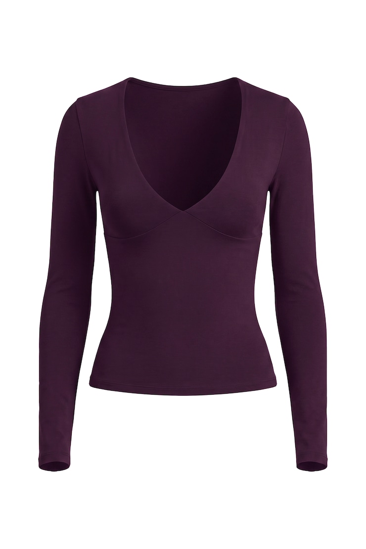 Sleek Plunge Longsleeve Top, Wild Berry Maroon, large