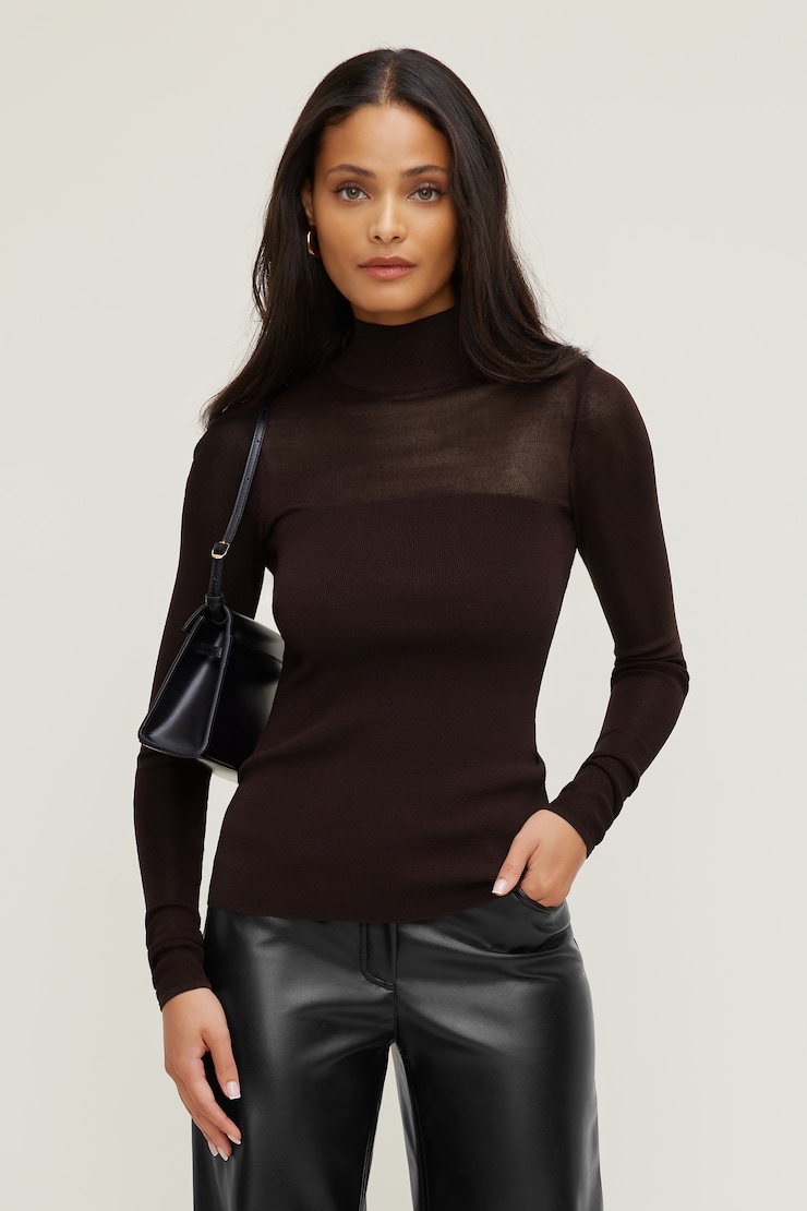 Sheer Opaque Mock Neck Sweater