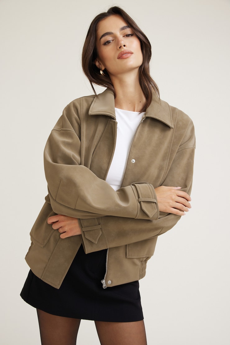 Oversized Faux Suede Aviator Jacket Cinnamon Toast Brown Faux Suede large