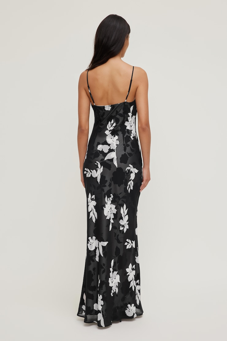 Robe maxi en satin Aubrey Noir et blanc fleuri large
